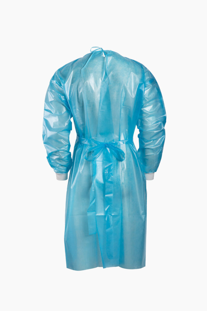 Blue level 2 disposable isolation gown with long sleeves and tie-back closure.