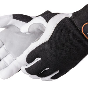 Black protective gloves with reinforced stitching and logo on the wrist strap.