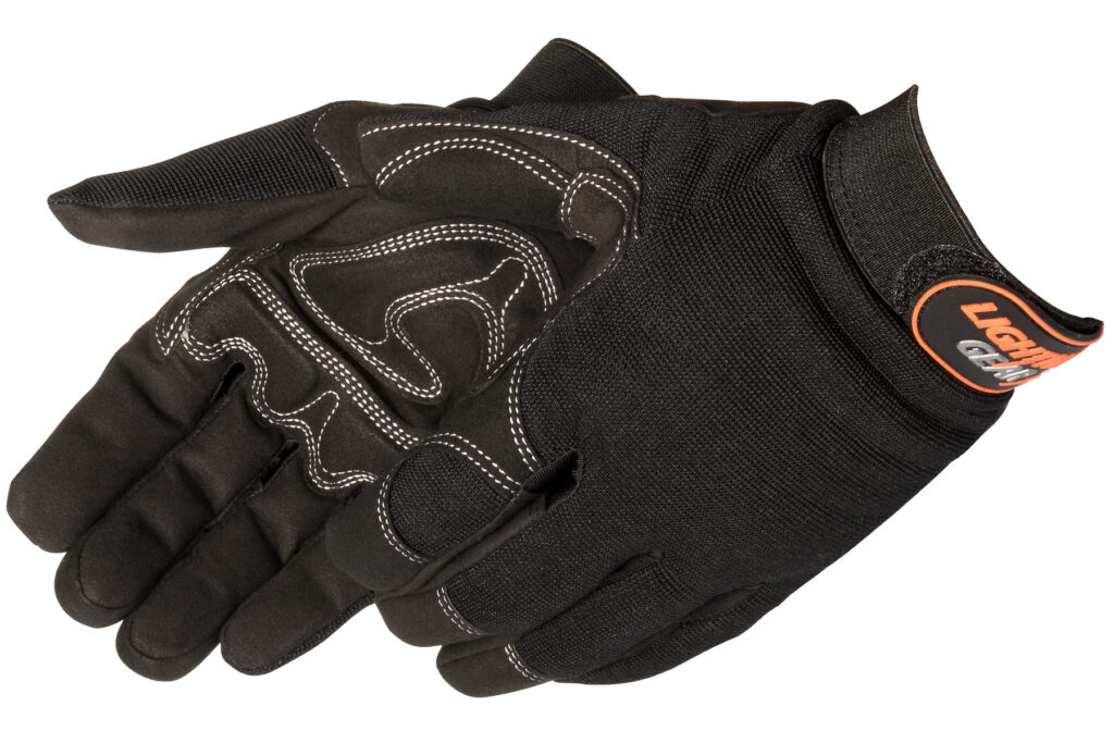 Black protective gloves with reinforced stitching and logo on the wrist strap.