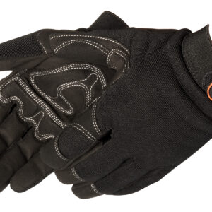 Black protective gloves with reinforced stitching and logo on the wrist strap.