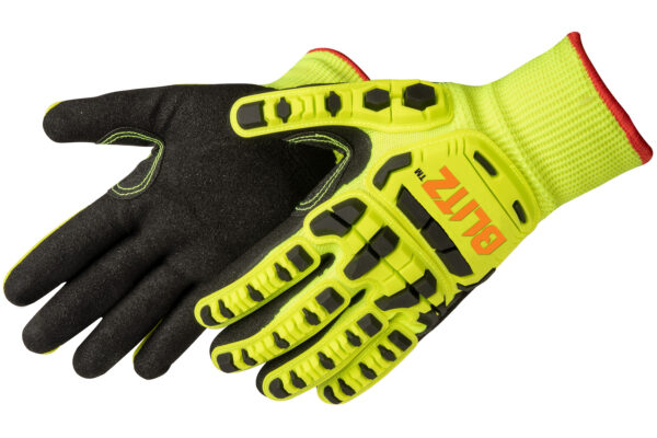 Bright yellow and black protective gloves with "BLITZ" branding, featuring reinforced knuckles and fingertips.