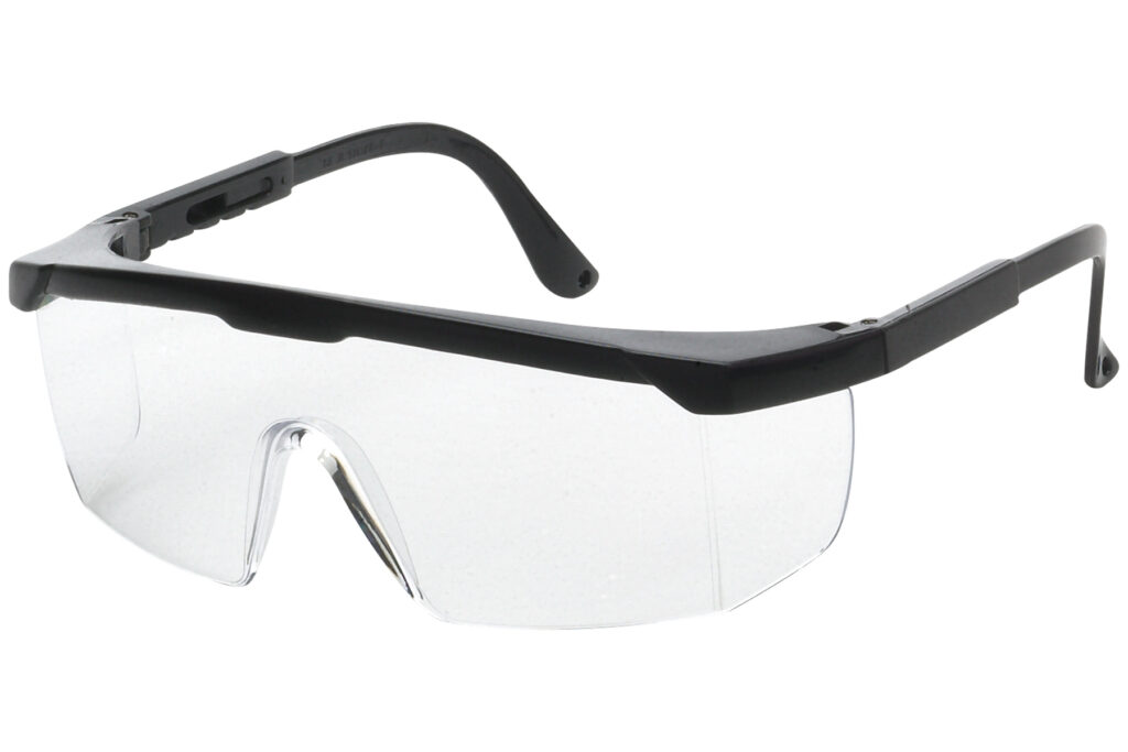 Clear safety glasses with black frames from American Protective Products.