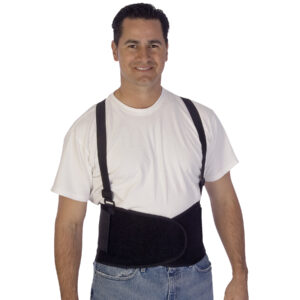 Man wearing a black back support belt with suspenders over a white t-shirt and jeans.