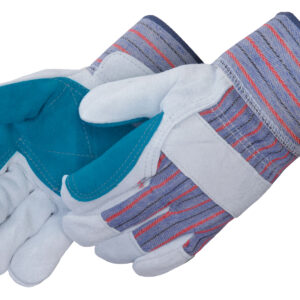 Blue and gray work gloves with red stripes, reinforced palms, and cuffs.