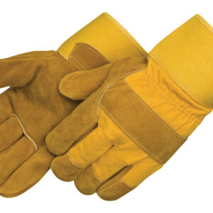 Yellow and brown leather work gloves with reinforced palms and cuffs from American Protective Products.