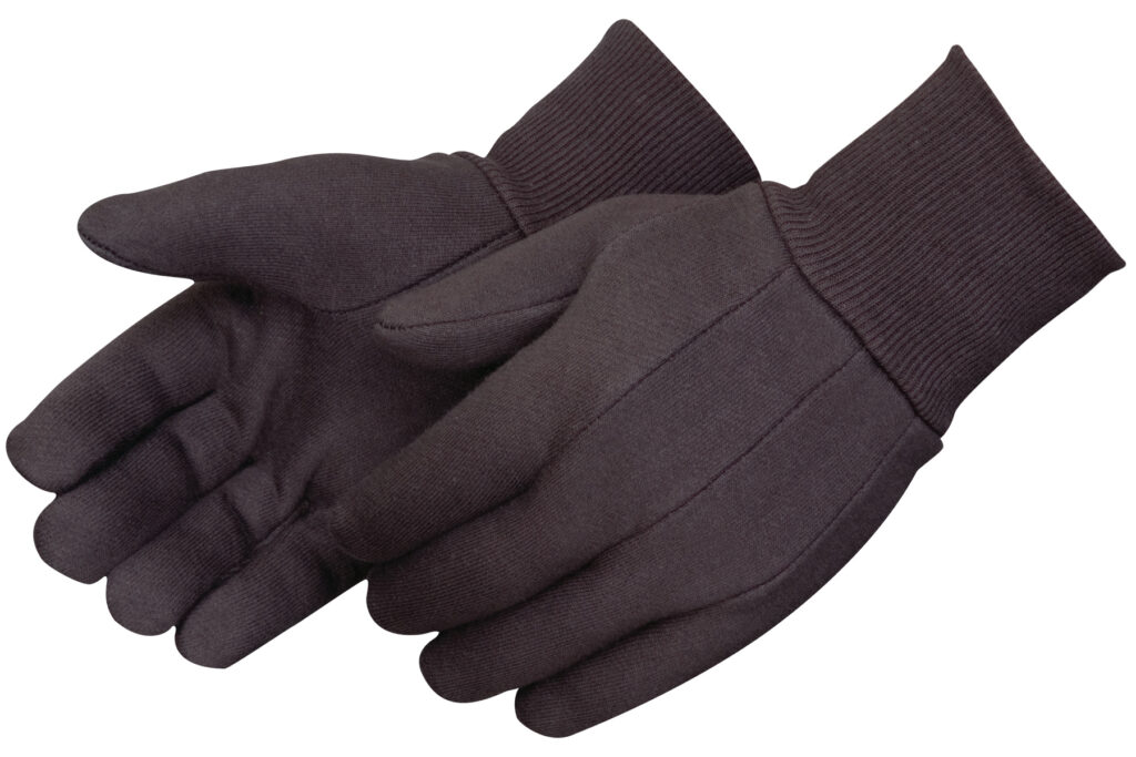 Dark brown protective gloves with ribbed cuffs.