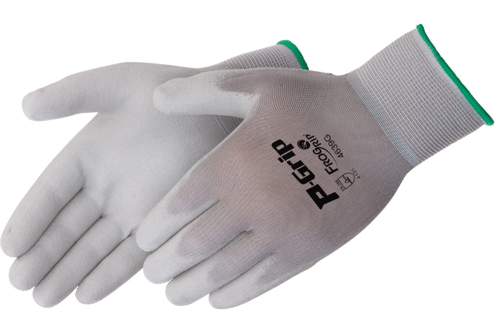 Gray P-Grip FroGrip gloves with green cuffs.
