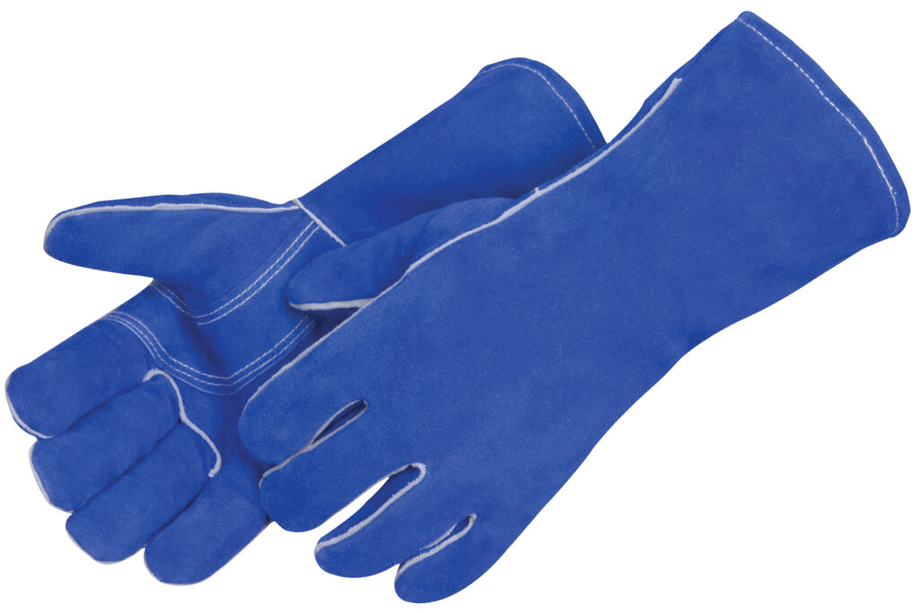 Blue protective gloves with white stitching.