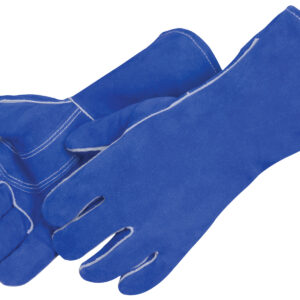Blue protective gloves with white stitching.