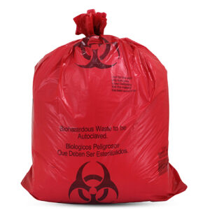 Red biohazard waste bag with black biohazard symbols and text in English and Spanish.
