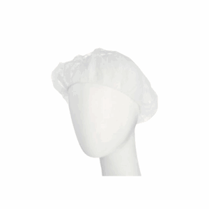 White disposable bouffant cap on mannequin head.