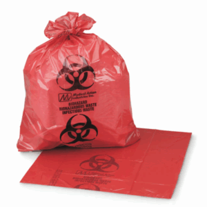 Red biohazard waste bag with biohazard symbol and "Biohazard Infectious Waste" text.