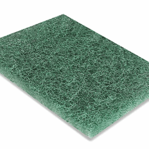 Green scouring pad with a textured surface.