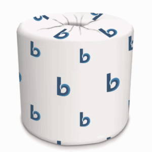 Roll of white toilet paper with blue "b" logos.