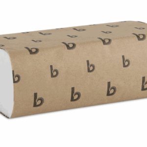 Brown paper-wrapped stack of white folded towels with black "b" logo.