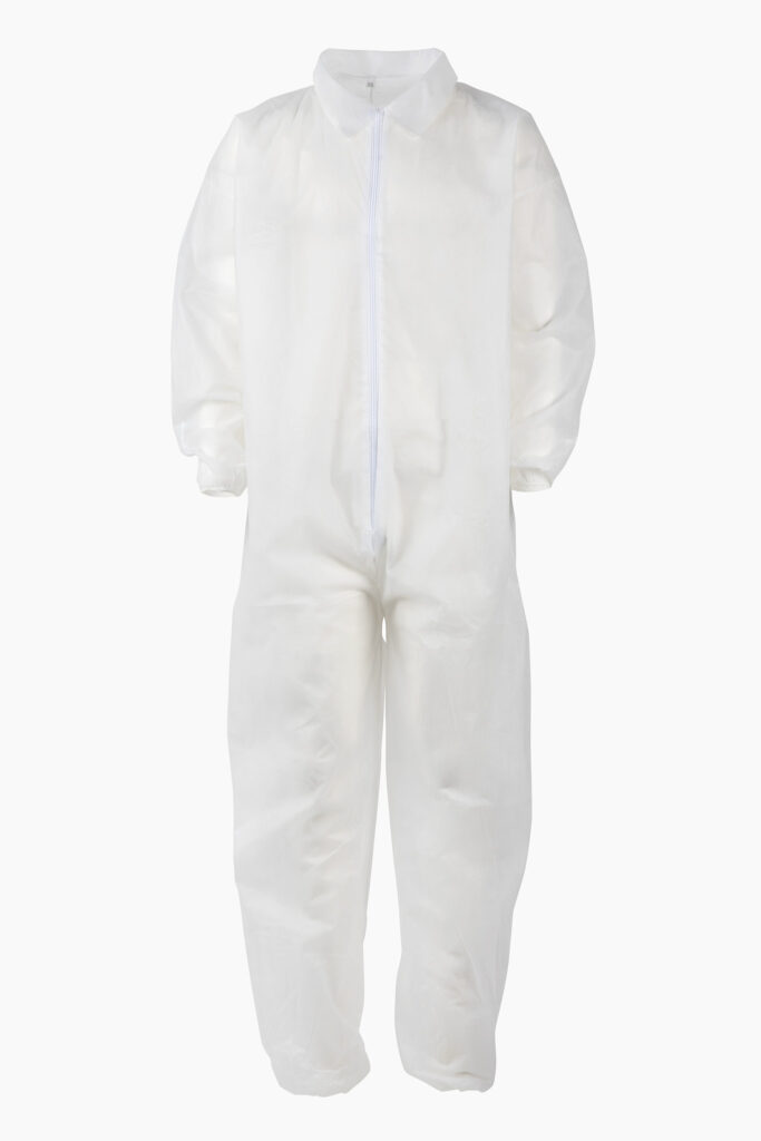 White protective coverall with front zipper, elastic cuffs, and collar.