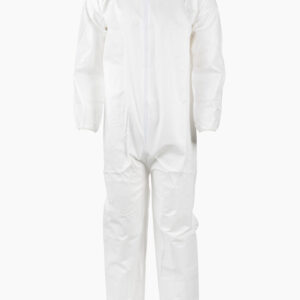White protective coverall with front zipper, elastic cuffs, and collar.