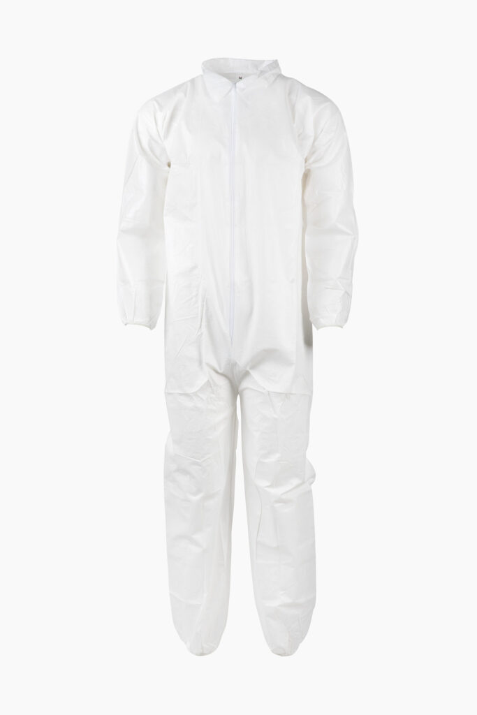 White protective coverall with front zipper, elastic cuffs, and collar.