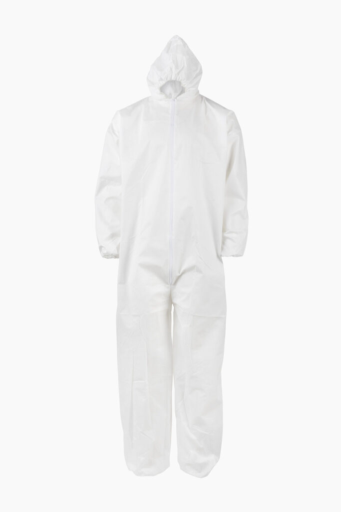 White protective coverall with hood and zipper, from American Protective Products.