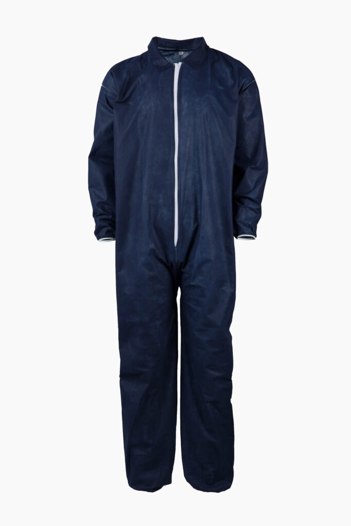 Navy blue protective coverall from American Protective Products, featuring long sleeves and a zip-up front.