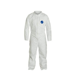 White protective coverall with front zipper, elastic cuffs, and collar.