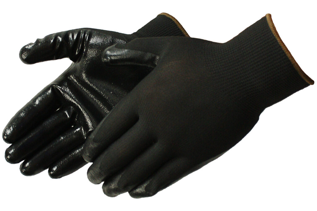 Black polyester, nitrile-coated gloves from American Protective Products.