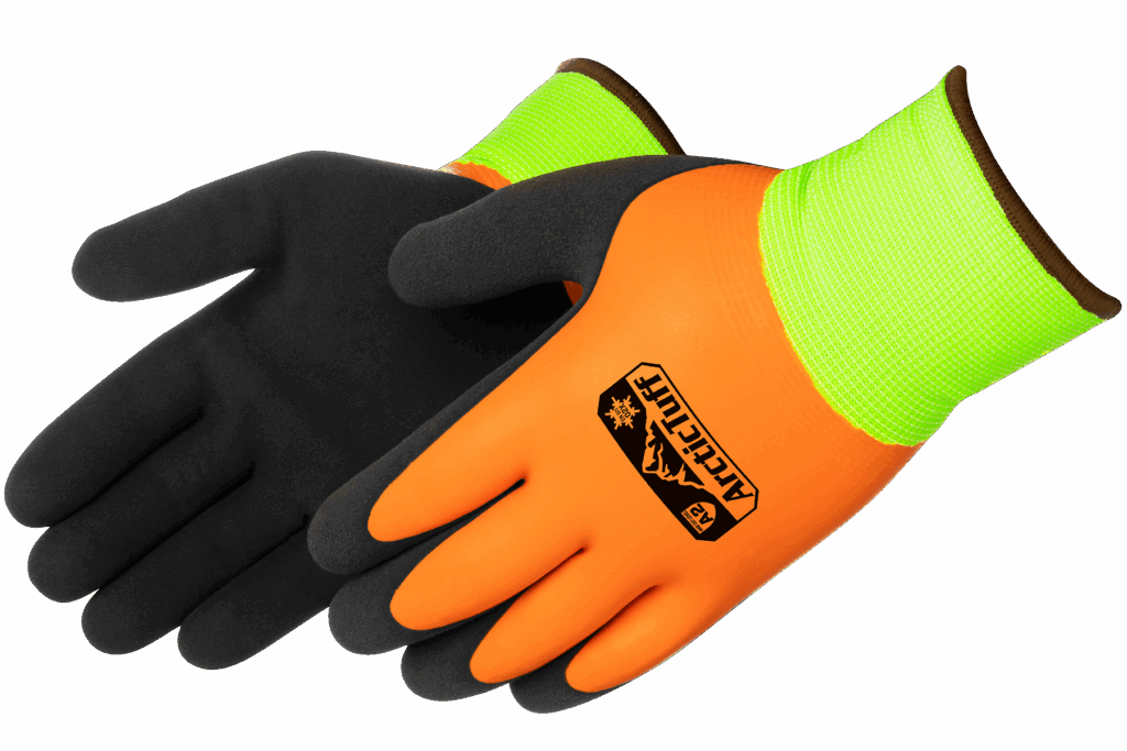 Orange and black gloves with green cuffs, labeled "ArcticTuff."