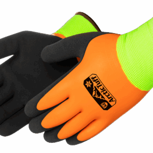 Orange and black gloves with green cuffs, labeled "ArcticTuff."