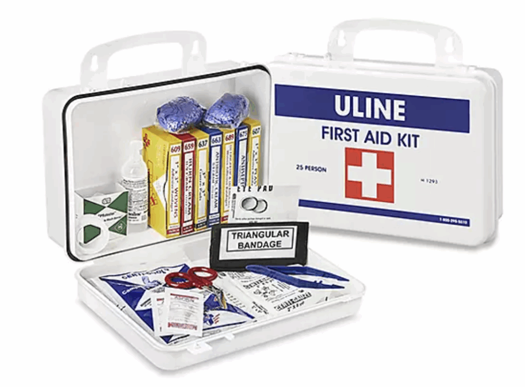 First aid kit with Uline branding, includes triangular bandage, antiseptic wipes, adhesive bandages, eye wash, and gloves.