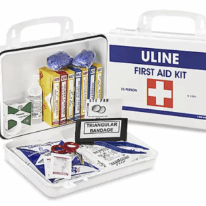 First aid kit with Uline branding, includes triangular bandage, antiseptic wipes, adhesive bandages, eye wash, and gloves.