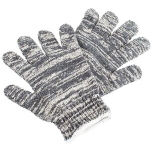 Gray and white striped knit gloves.