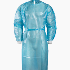Blue disposable isolation gown with long sleeves and white cuffs.
