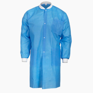 Blue protective gown with white cuffs from American Protective Products.