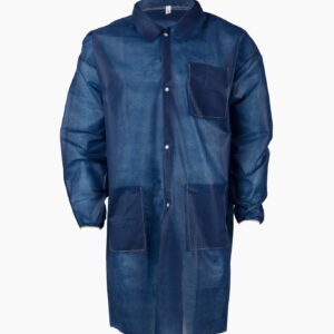 Navy blue lab coat with long sleeves, button front, and two pockets.