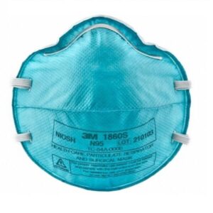 3M 1860S N95 respirator mask, teal, with white straps and printed details.