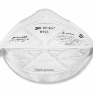 White 3M VFlex 9105 N95 respirator mask with printed text and triangular patterns.