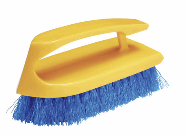 Yellow handle scrub brush with blue bristles.