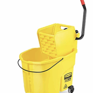 Yellow mop bucket on wheels with wringer, black handle, and red grip.