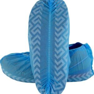 Blue disposable shoe covers with zigzag tread pattern.