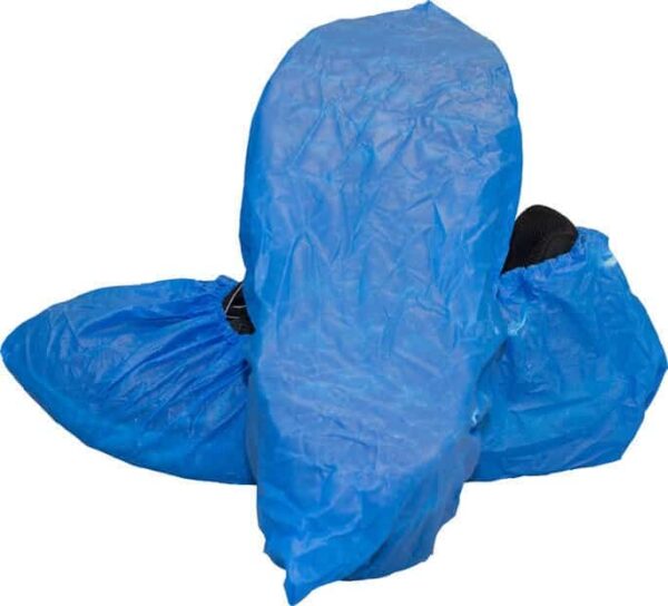 Blue disposable shoe covers from American Protective Products.