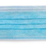 Blue disposable face mask with ear loops.